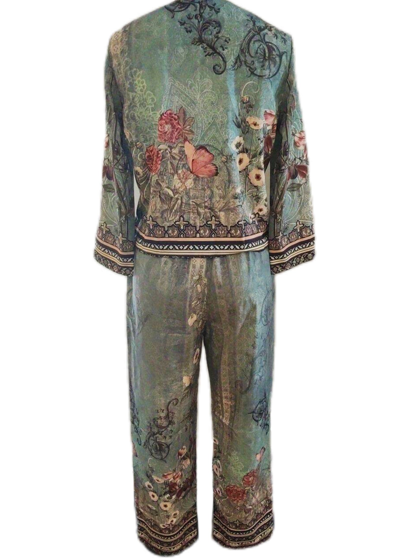 Conjunto Feminino Vintage Floral – Camisa Gola V + Calça com Cós Amarração