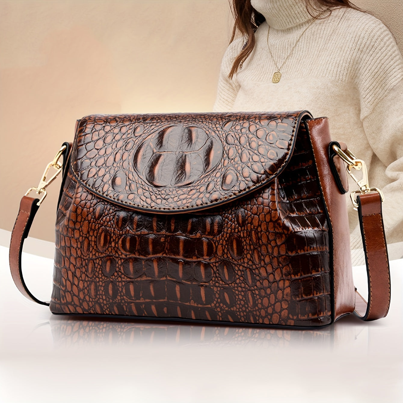 Bolsa Feminina Padrão Crocodilo – Ombro ou Transversal Vintage com Fecho Aba