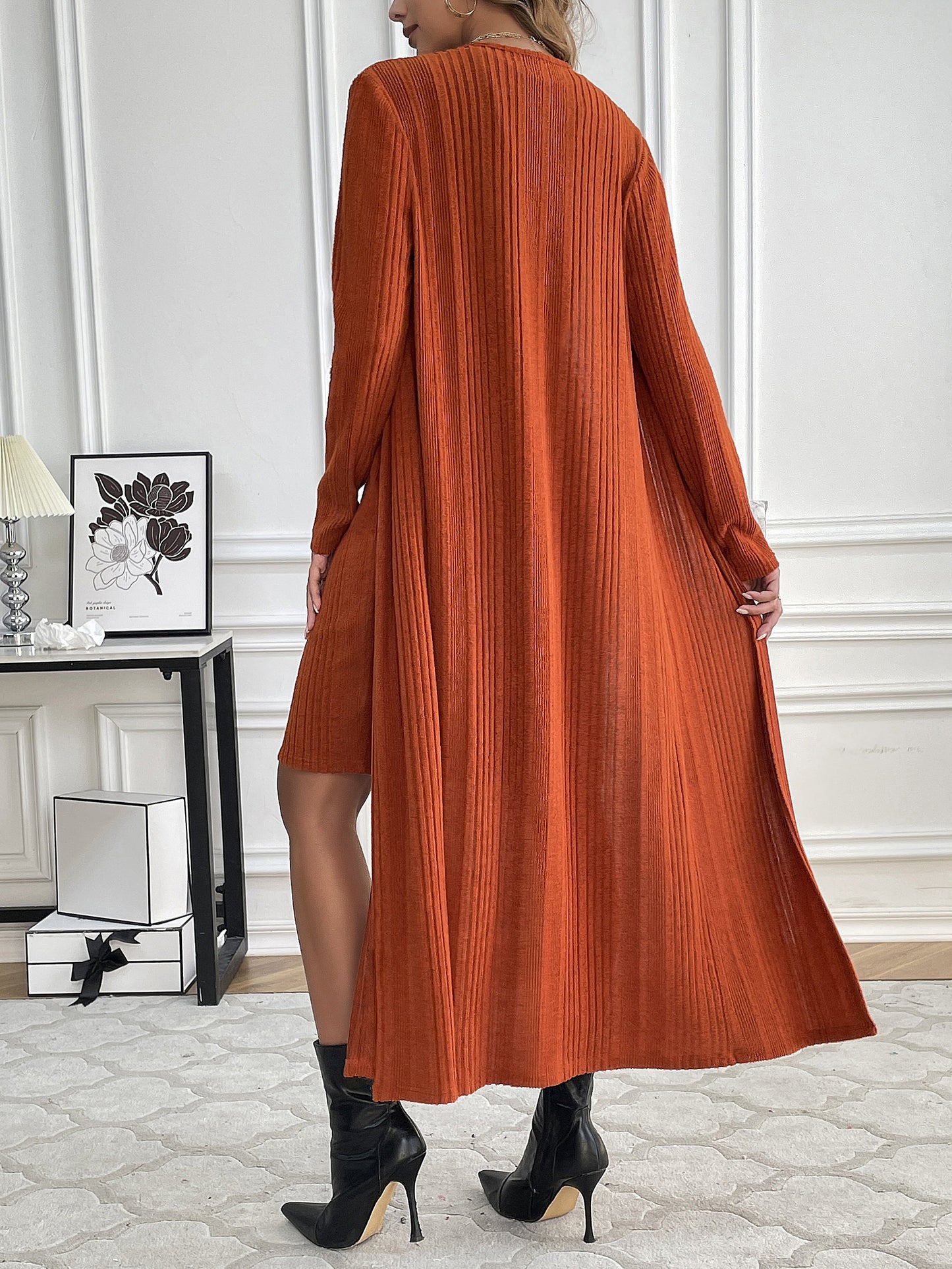 Conjunto Feminino Tricot Ribado – Cardigã Manga Longa + Vestido Alça Ajustável