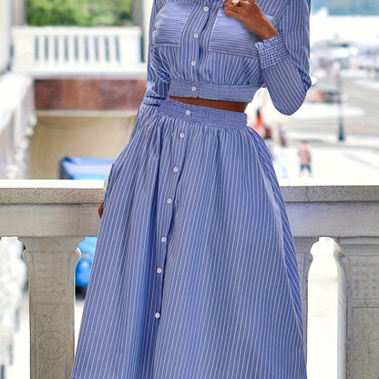 Conjunto Listrado Feminino Top Cropped Botão Frontal + Saia Godê – Estilo & Verão