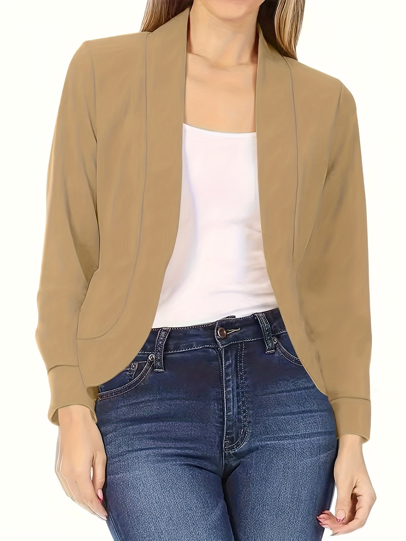 Blazer Feminino Gola Lapela – Manga Longa, Corte Aberto, Versátil Escritório/Casual