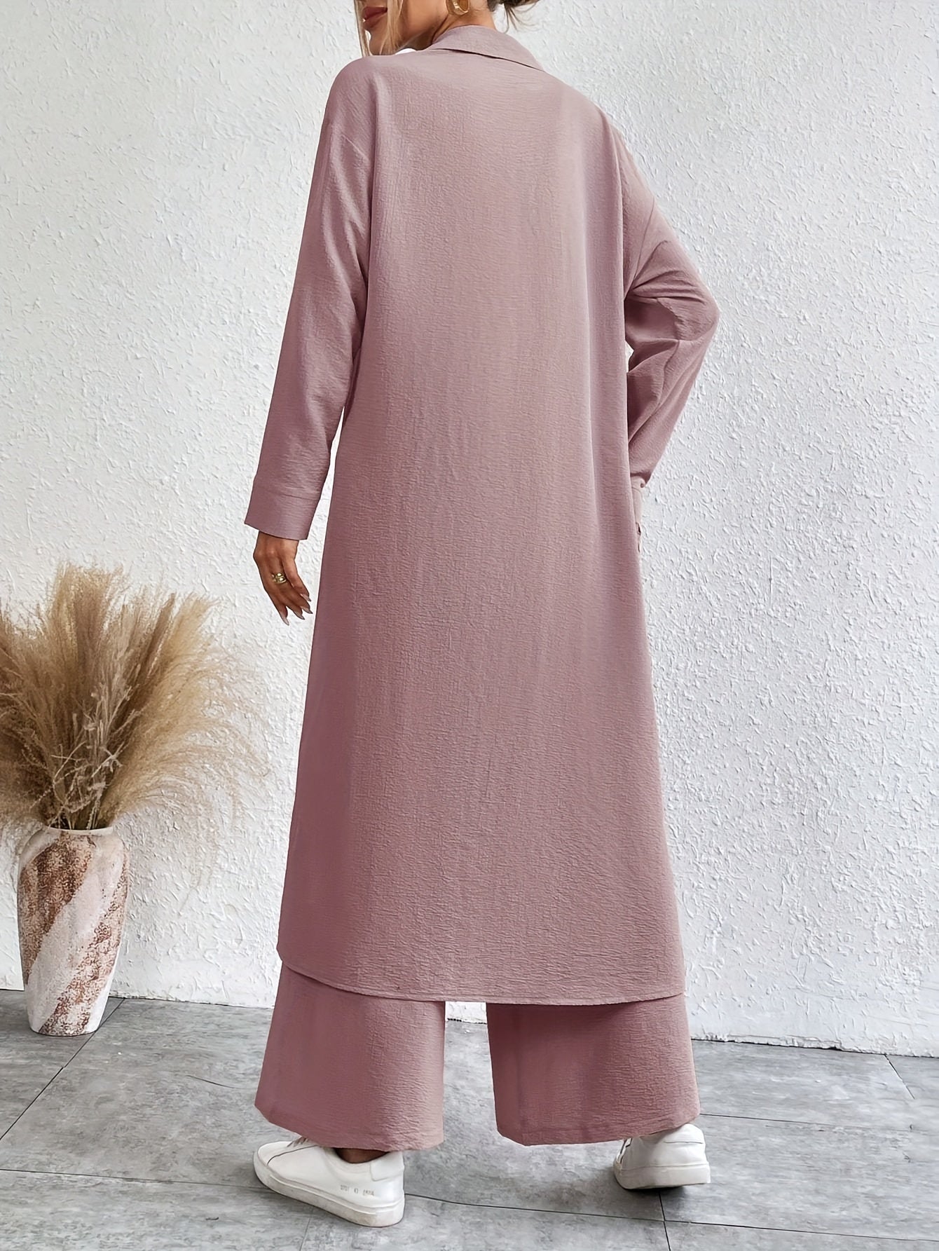 Conjunto Feminino Alfaiataria Casual – Blusa Botão Único + Calça Wide-Leg Cintura Elástica