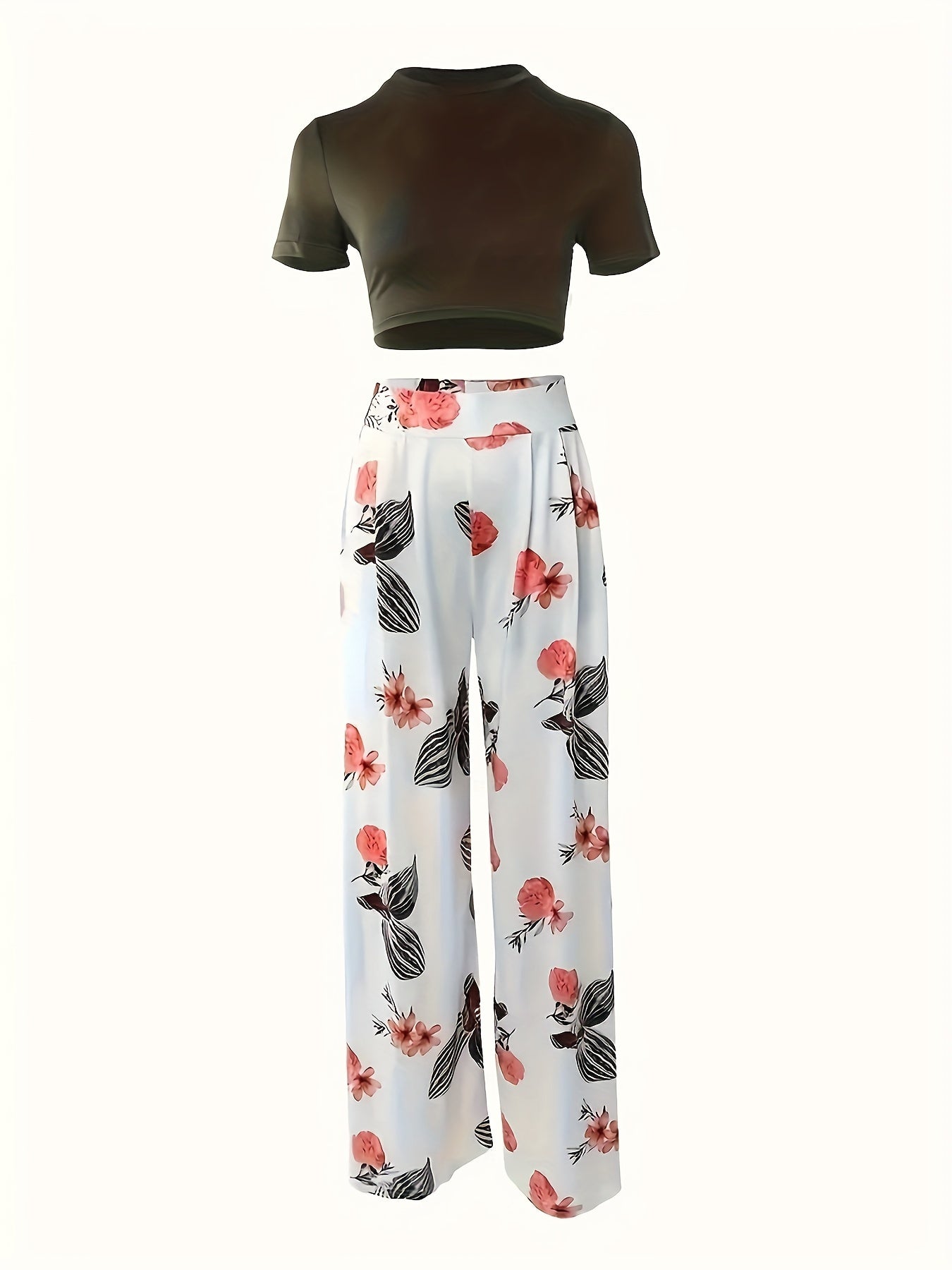 Conjunto Feminino Casual Primavera/Verão – Crop Top Manga Curta + Calça Wide Leg