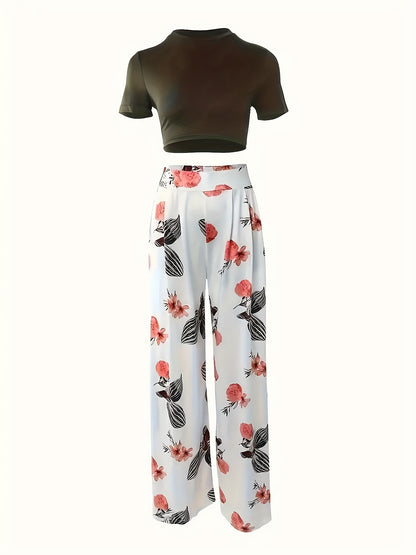 Conjunto Feminino Casual Primavera/Verão – Crop Top Manga Curta + Calça Wide Leg