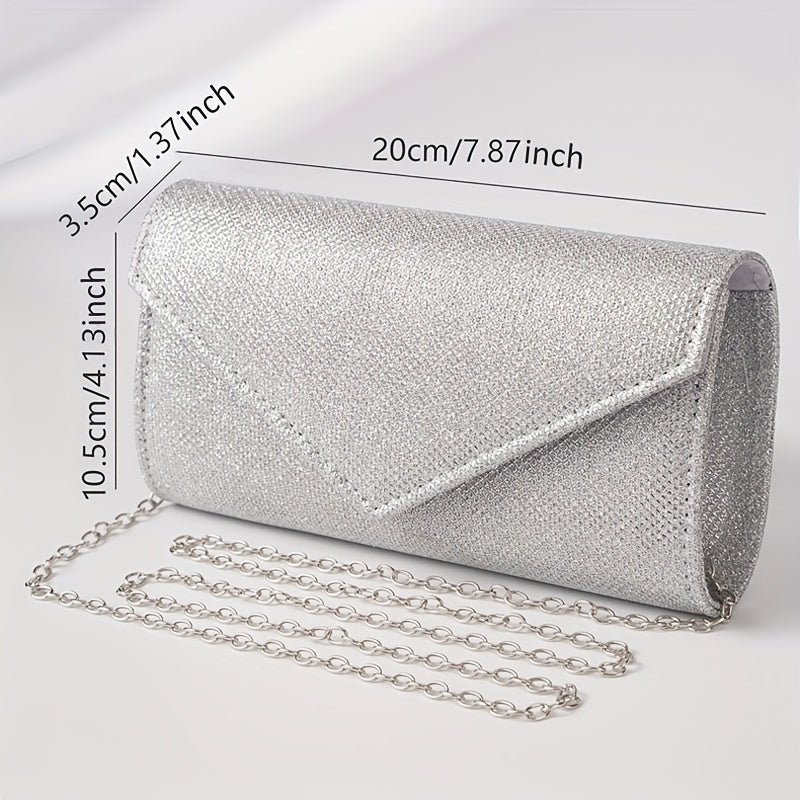 Clutch Feminina Envelope com Glitter – Mini Bolsa Prateada com Corrente para Festa