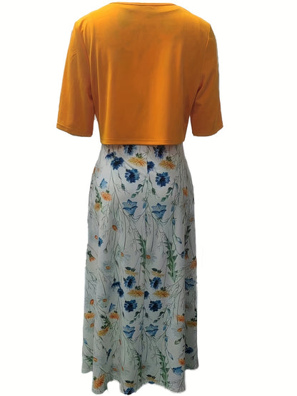 Conjunto Feminino Estampa Floral – Crop Top V-Neck + Saia/Midi Knit Conforto Primavera/Verão