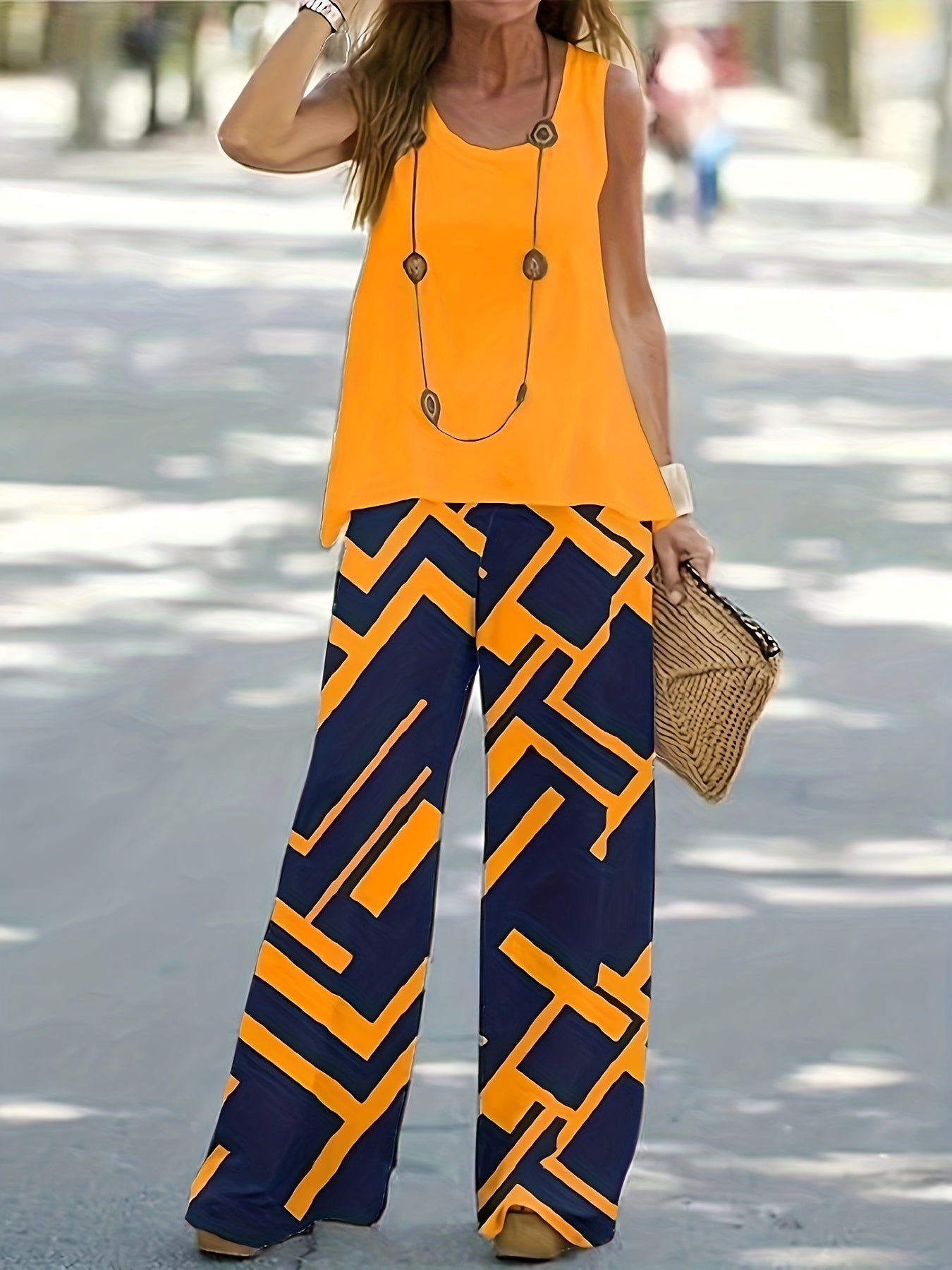 Conjunto Feminino Geo-Print Trend – Top Colete Sem Mangas + Calça Pantalona