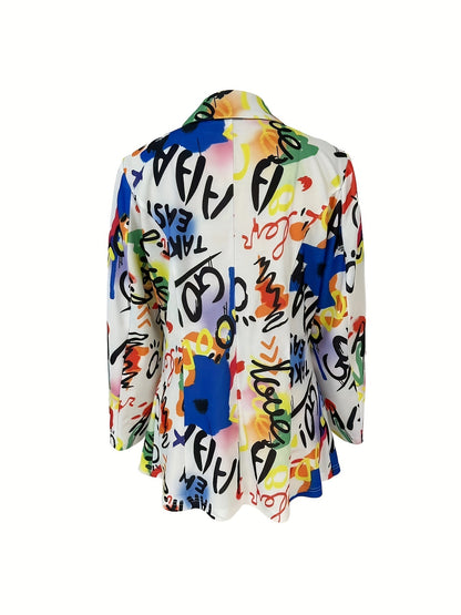 Blazer Plus Size Estampa Graffiti – Lapela Clássica, Botão Único & Design com Slight Stretch