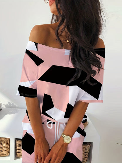 Conjunto Feminino Estampa Geométrica – Blusa Ombro Único + Saia com Cós Ajustável