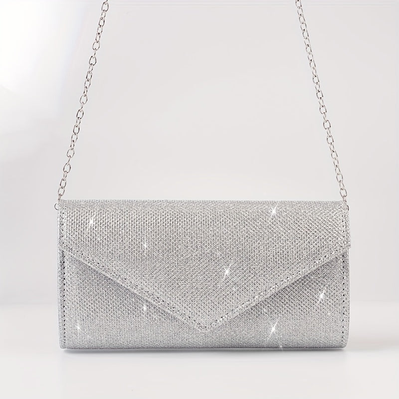 Clutch Feminina Envelope com Glitter – Mini Bolsa Prateada com Corrente para Festa