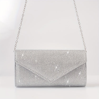 Clutch Feminina Envelope com Glitter – Mini Bolsa Prateada com Corrente para Festa