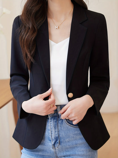 Blazer Feminino de Lapela com Fechamento de Um Botão – Manga Longa, Frente Aberta, para Trabalho e Escritório