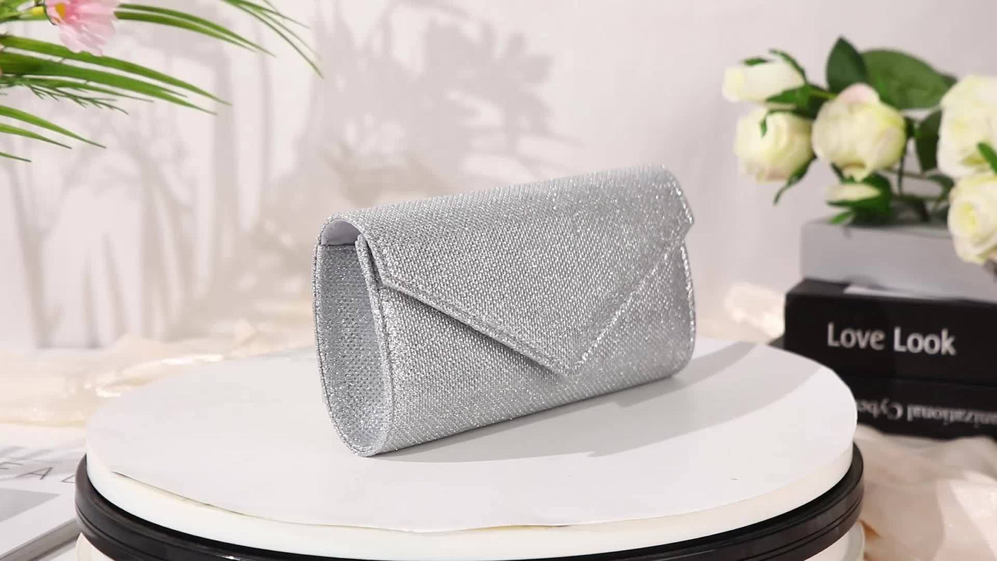 Clutch Feminina Envelope com Glitter – Mini Bolsa Prateada com Corrente para Festa