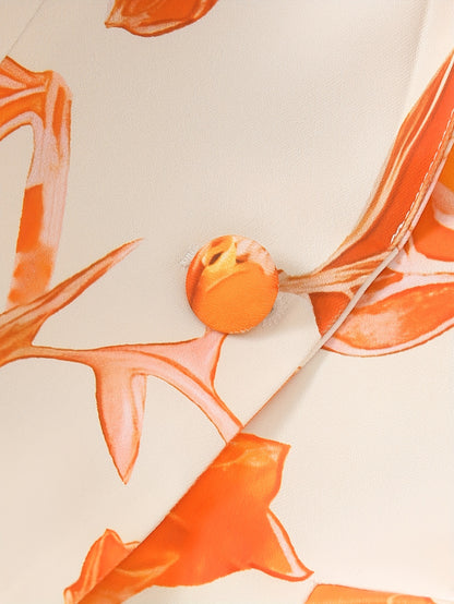 Blazer Feminino Estampa Folhagem Laranja – Single-Breasted Versátil