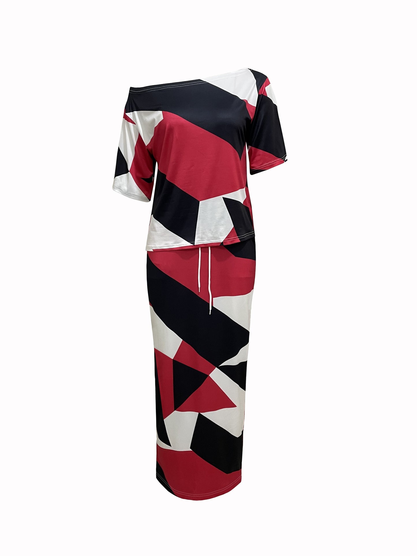 Conjunto Feminino Estampa Geométrica – Blusa Ombro Único + Saia com Cós Ajustável