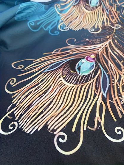 Conjunto Plus Size Feminino Estampa Ombre Pavo Real – Blusa Manga Longa + Calça Reta