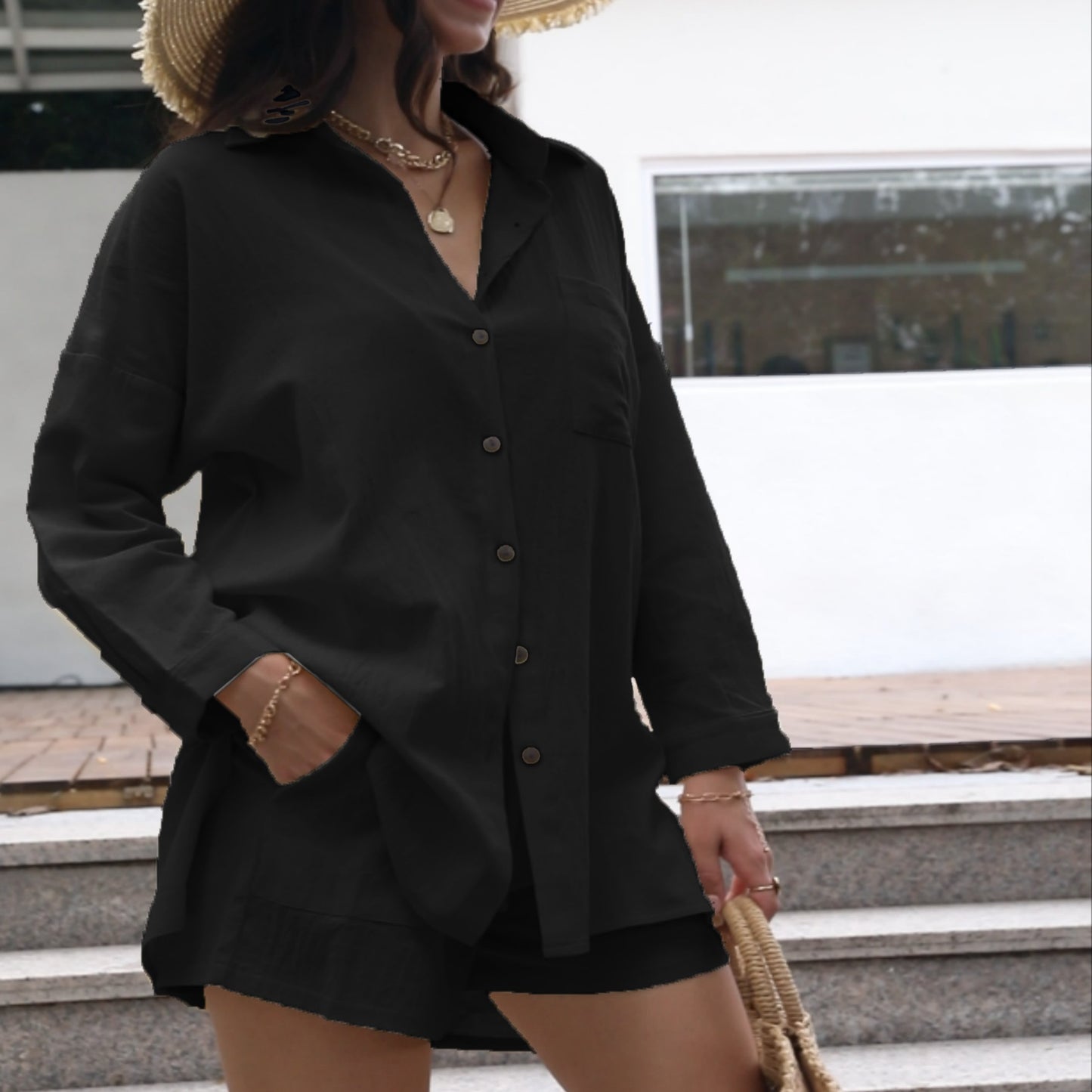 Conjunto Plus Size Feminino Casual – Camisa Botões Manga Longa + Shorts com Cordão