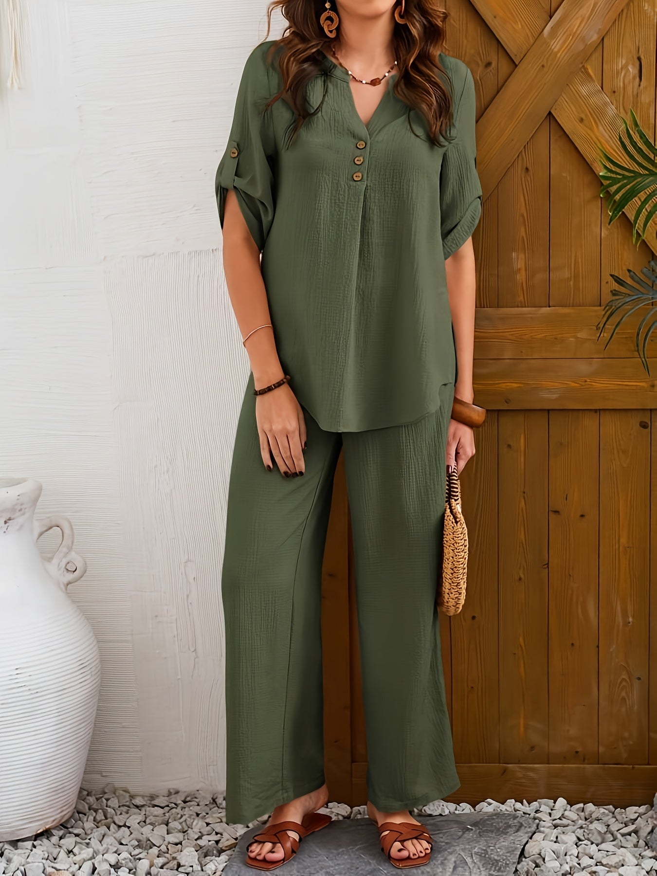 Conjunto Feminino Gola V Manga Curta + Calça Wide Leg – Estilo Descomplicado para Primavera/Verão