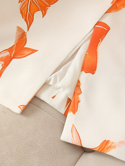 Blazer Feminino Estampa Folhagem Laranja – Single-Breasted Versátil