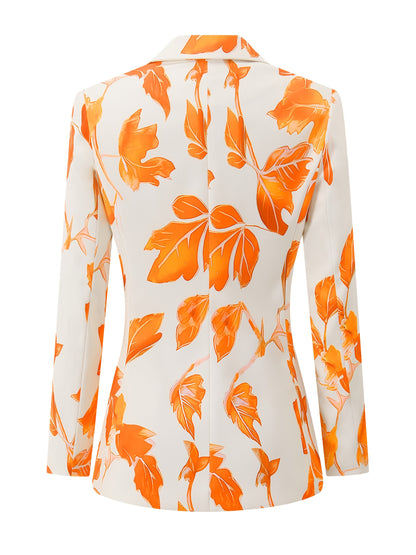 Blazer Feminino Estampa Folhagem Laranja – Single-Breasted Versátil