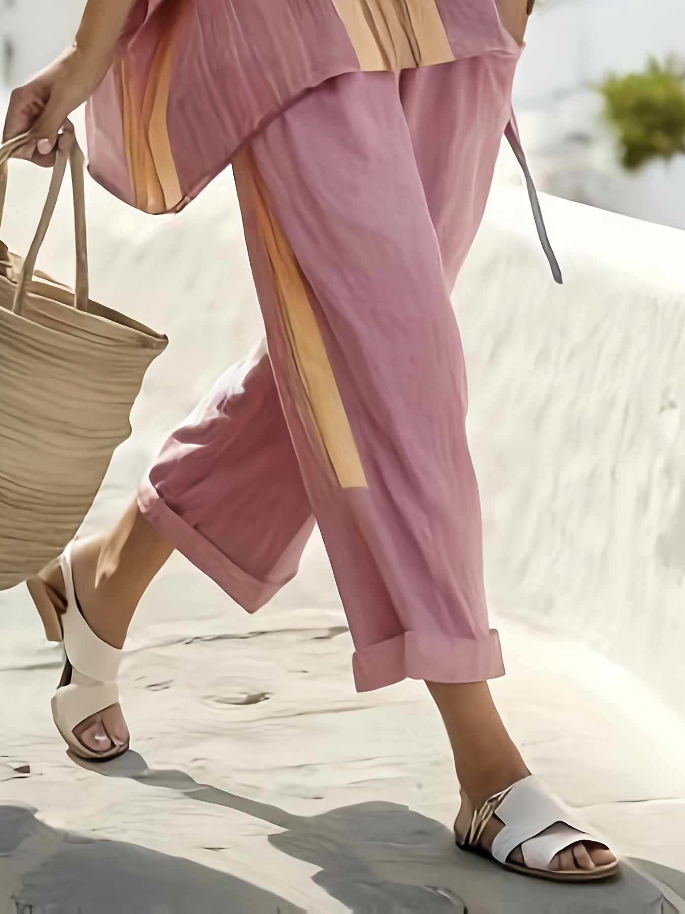 Conjunto Plus Size Feminino Amarelo & Rosa Listrado – Top de Manga Longa + Calça Wide Leg