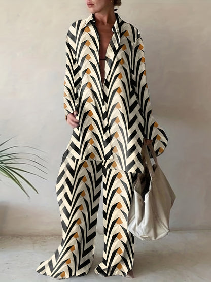 Conjunto Plus Size Feminino Listrado Abstrato – Camisa Botões Manga Longa + Calça Pantalona Cintura Alta