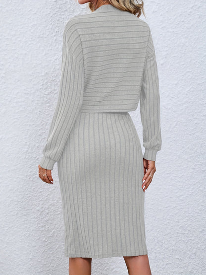 Conjunto Feminino Tricot Canelado – Blusa Gola Alta + Saia Midi Cintura Baixa