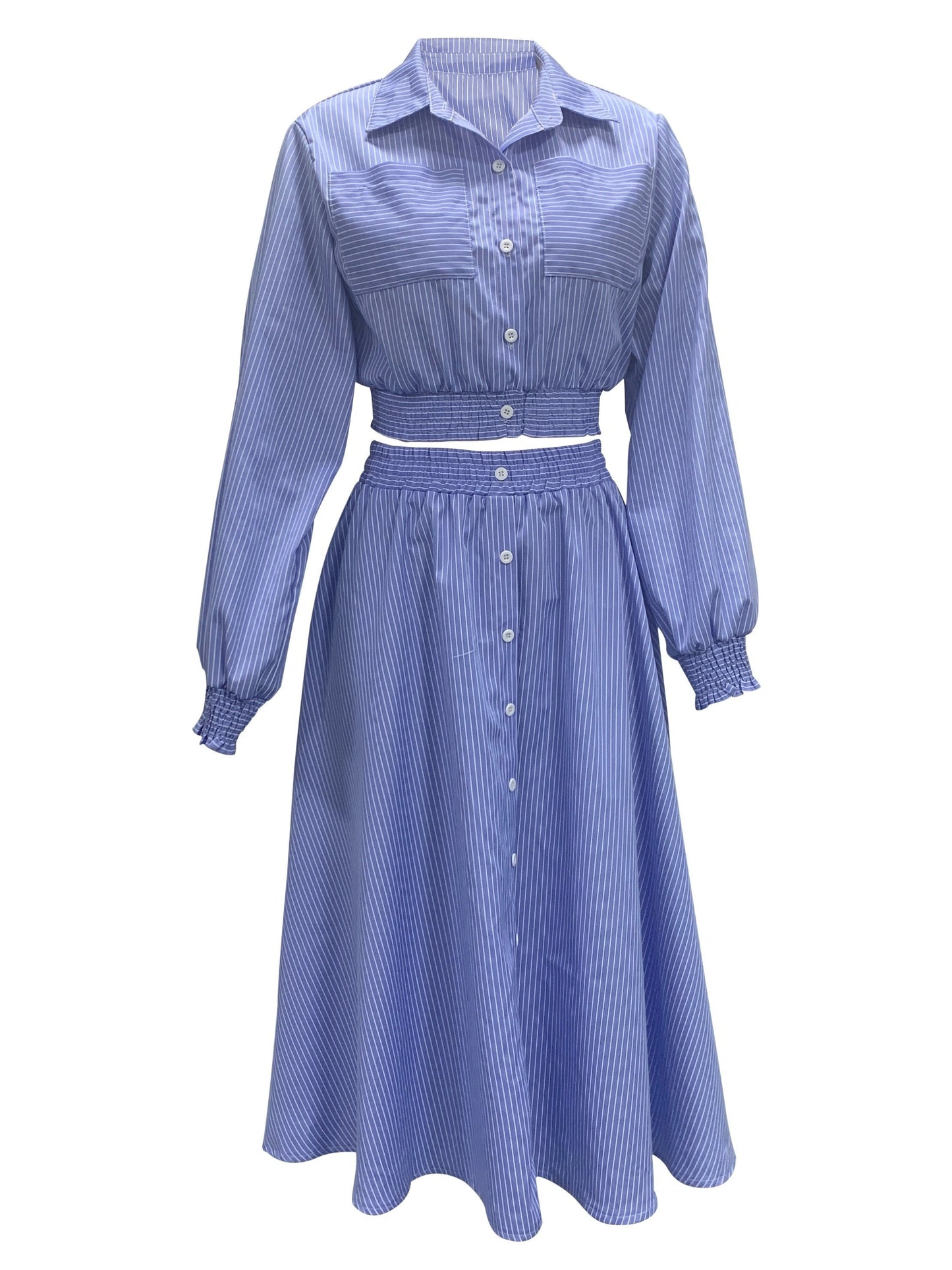 Conjunto Listrado Feminino Top Cropped Botão Frontal + Saia Godê – Estilo & Verão