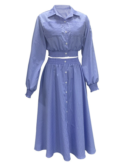 Conjunto Listrado Feminino Top Cropped Botão Frontal + Saia Godê – Estilo & Verão