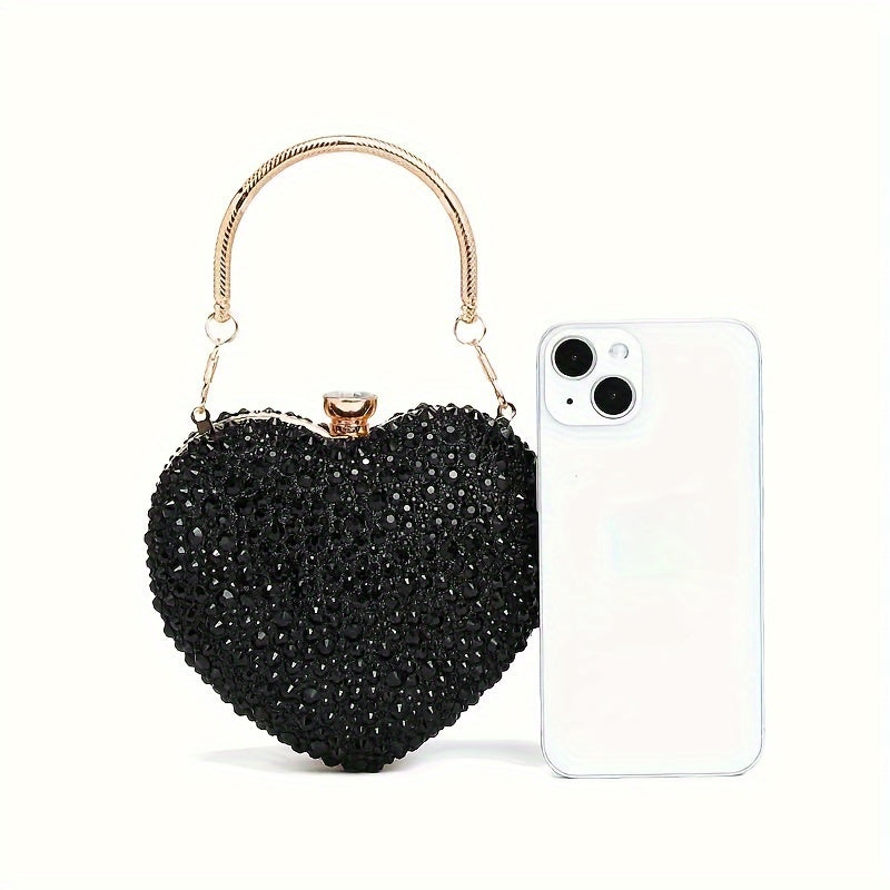 Clutch Feminina Formato Coração com Strass – Mini Evening Bag com Corrente