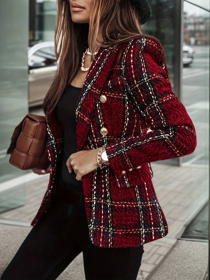 Blazer Feminino Xadrez Vermelho – Dupla­botonagem & Botões Dourados