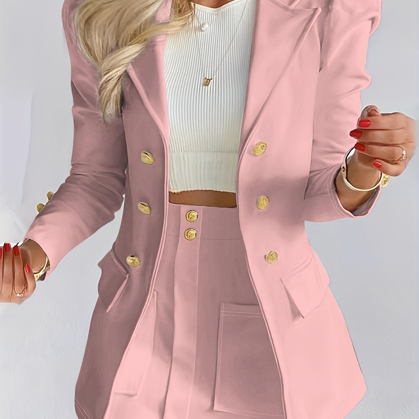 Conjunto Feminino Blazer e Saia Branca – Lapela Clássica, Manga Longa, Cintura Alta, Perfeito para Outono/Inverno