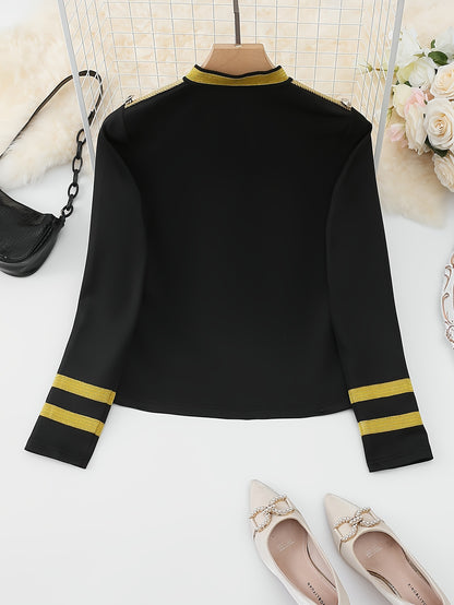 Blazer Feminino Chic – Barra Fria, Manga Longa & Botões Decorativos