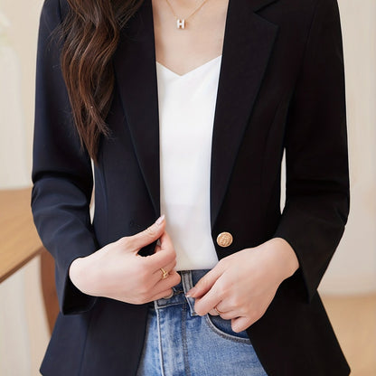 Blazer Feminino de Lapela com Fechamento de Um Botão – Manga Longa, Frente Aberta, para Trabalho e Escritório