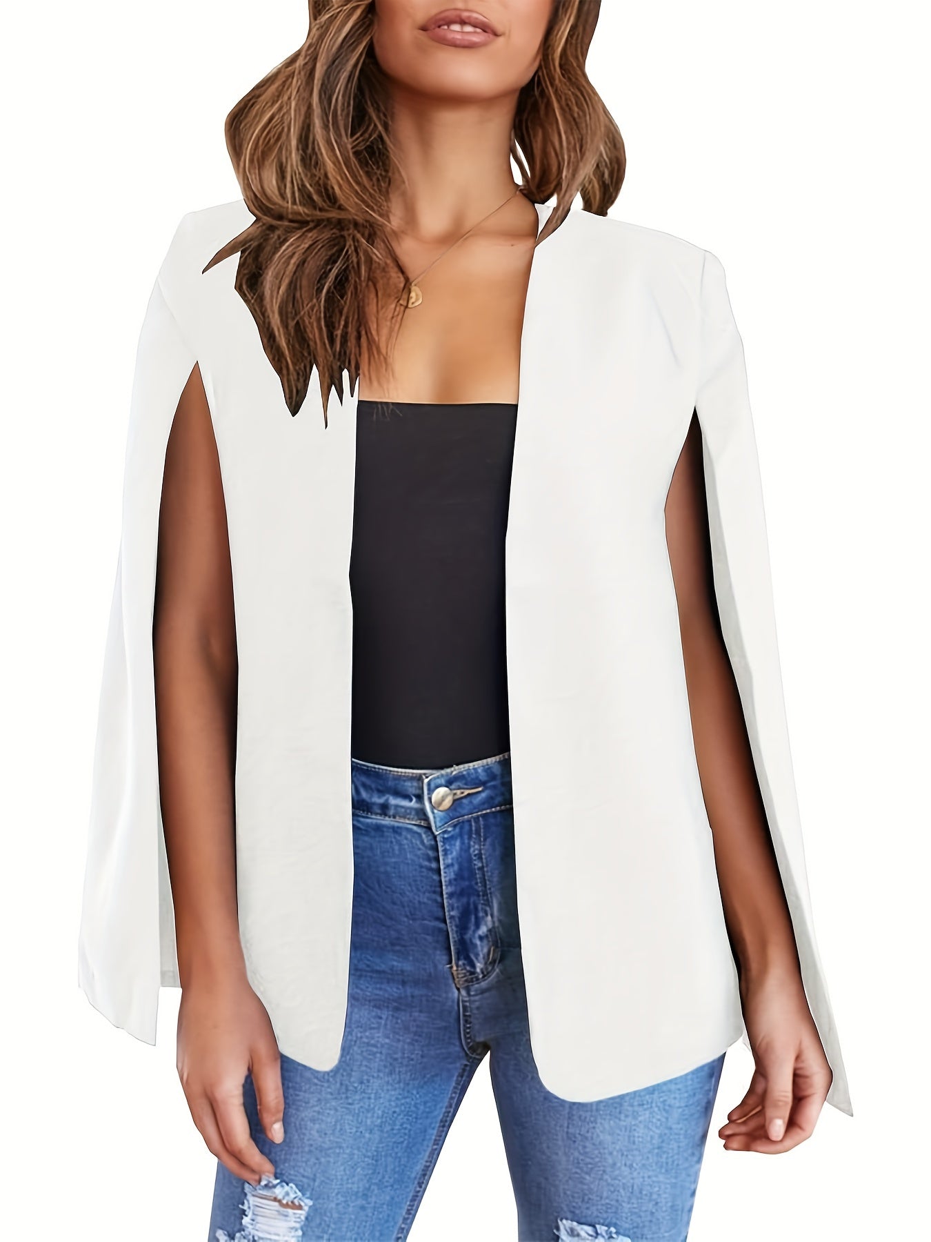Blazer Feminino Bege Leve – Casual & Elegante com Mangas Fendas, Sem Fecho