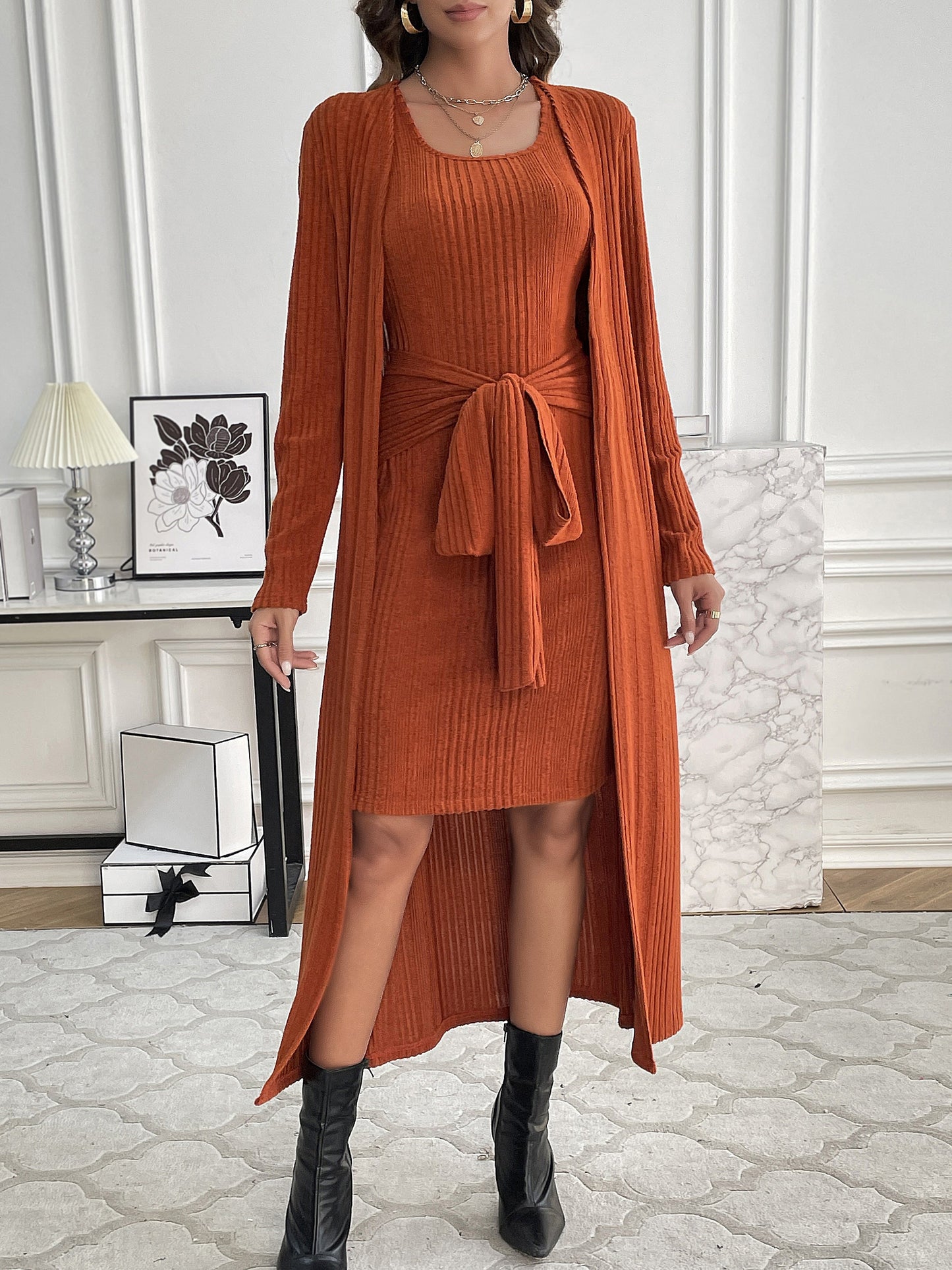 Conjunto Feminino Tricot Ribado – Cardigã Manga Longa + Vestido Alça Ajustável