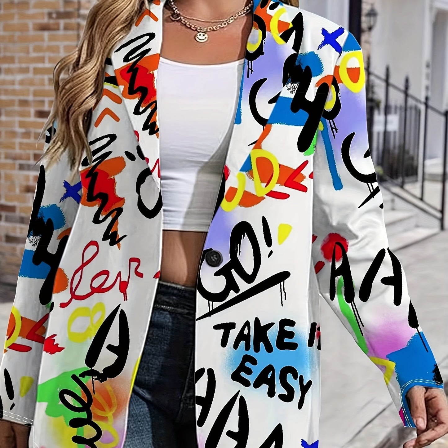 Blazer Plus Size Estampa Graffiti – Lapela Clássica, Botão Único & Design com Slight Stretch