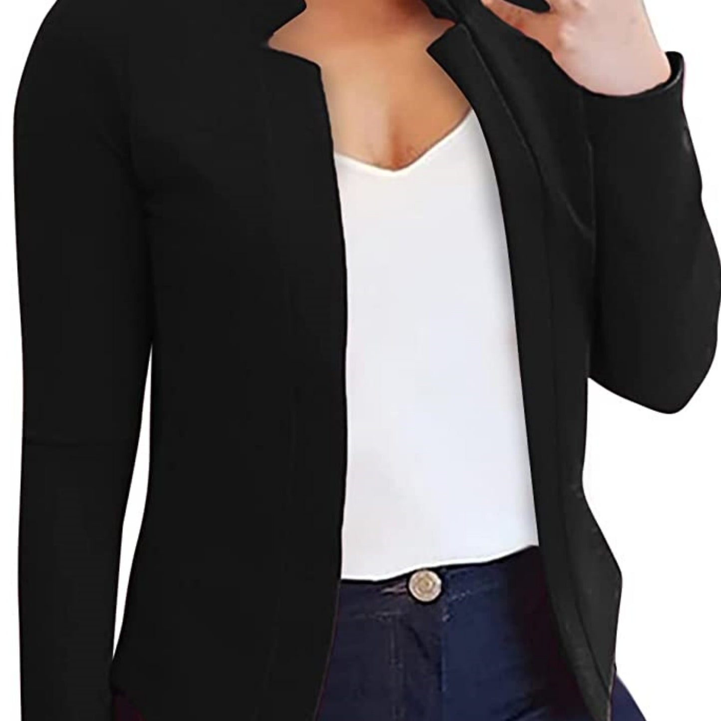 Blazer Feminino Casual Todas as Estações – Manga Longa, Gola Contrastante e Corte Aberto