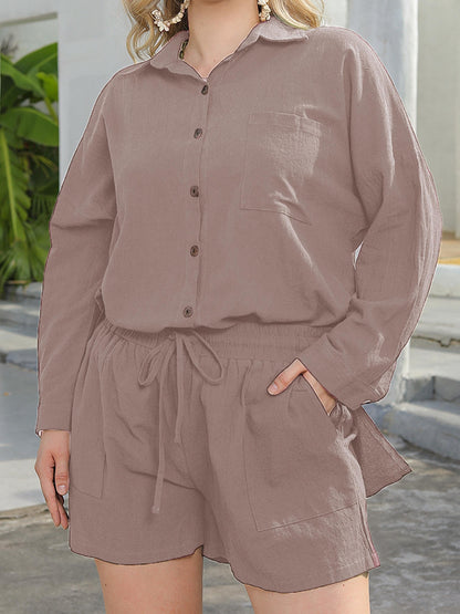 Conjunto Plus Size Feminino Casual – Camisa Botões Manga Longa + Shorts com Cordão