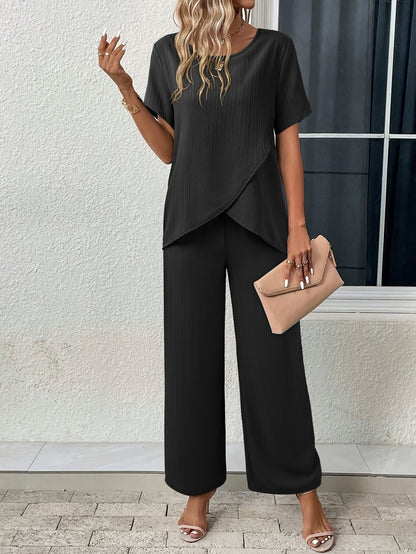 Conjunto Feminino Camiseta de Manga Curta + Calça – Elegância Casual para Primavera & Verão