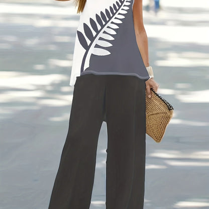 Conjunto Plus Size Feminino Listras Colorblock – Top Regata + Calça Reta