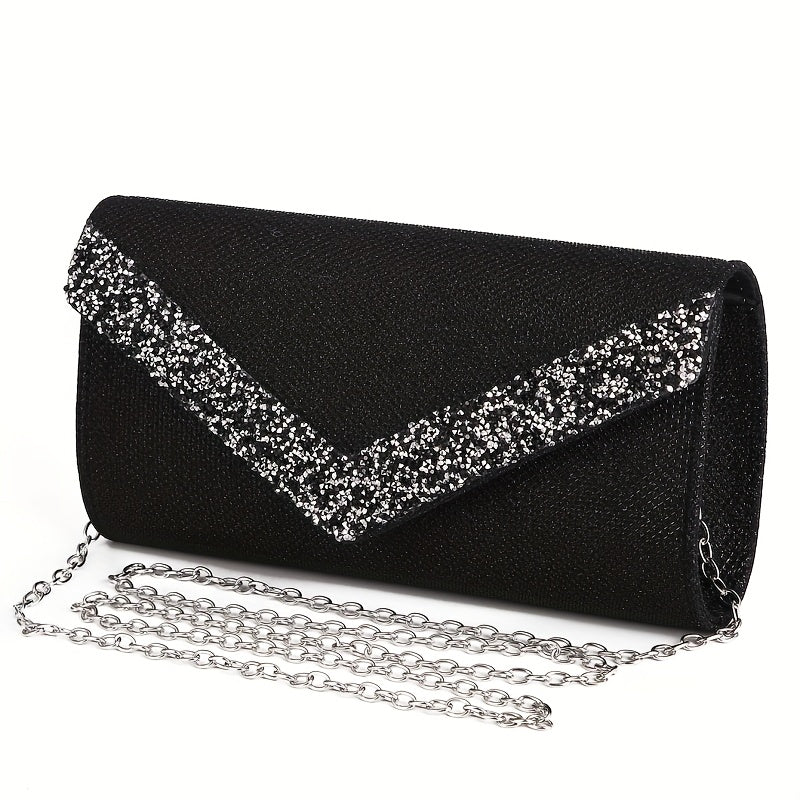 Clutch Feminina Envelope com Glitter – Mini Bolsa Prateada com Corrente para Festa