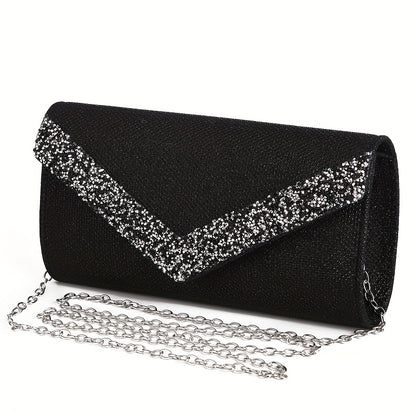 Clutch Feminina Envelope com Glitter – Mini Bolsa Prateada com Corrente para Festa