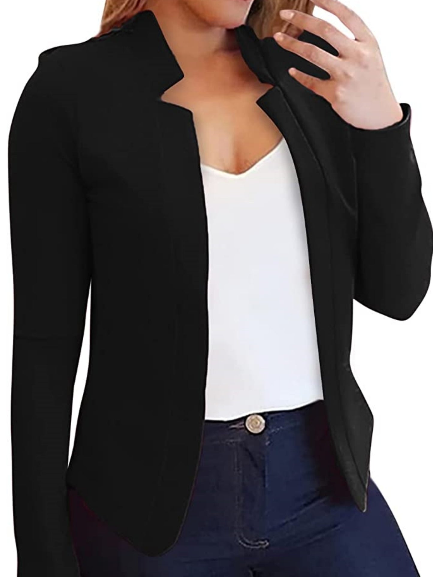 Blazer Feminino Casual Todas as Estações – Manga Longa, Gola Contrastante e Corte Aberto