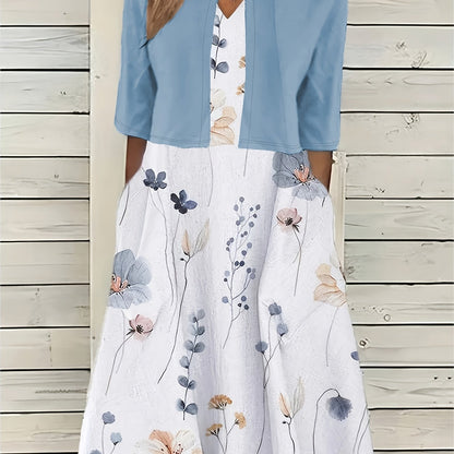 Conjunto Feminino Estampa Floral – Crop Top V-Neck + Saia/Midi Knit Conforto Primavera/Verão