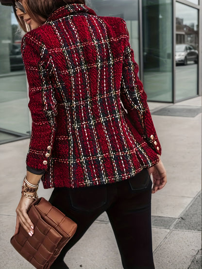 Blazer Feminino Xadrez Vermelho – Dupla­botonagem & Botões Dourados