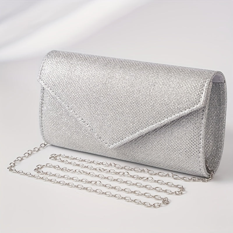 Clutch Feminina Envelope com Glitter – Mini Bolsa Prateada com Corrente para Festa