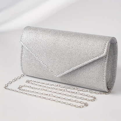 Clutch Feminina Envelope com Glitter – Mini Bolsa Prateada com Corrente para Festa