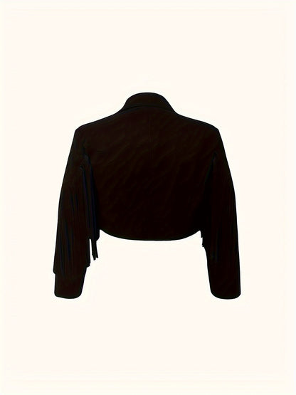 Blazer Feminino Plus Size Casual – Corte Cropped, Franjas, Manga Longa