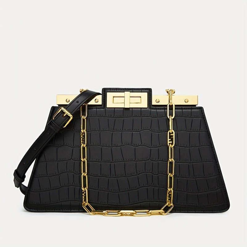 Bolsa Feminina Ombro & Transversal em Couro Genuíno – Corrente Dourada & Clip Premium